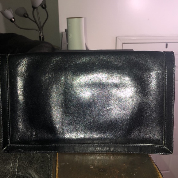 LARGE Rare Vintage Gimbels Black Leather Horsebit Clutch - Picture 3 of 14